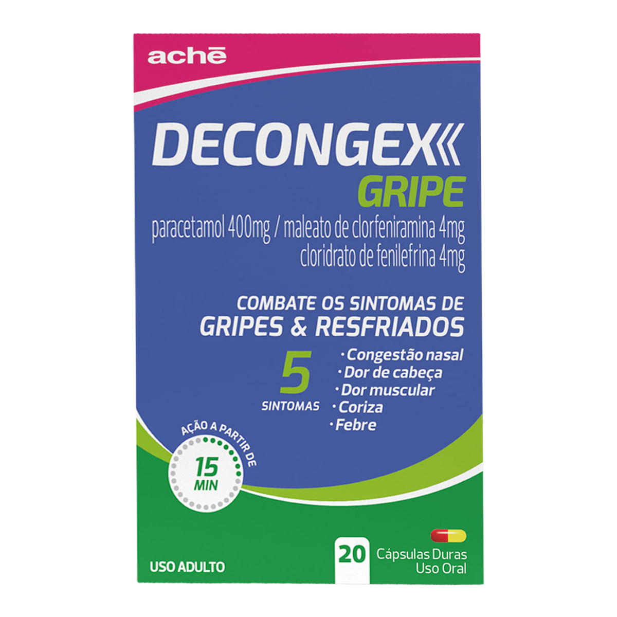 Antigripal Decongex Gripe Paracetamol 400mg + Maleato de Clorfeniramina 4mg + Cloridrato de Fenilefrina 4mg 20 Cápsulas Duras