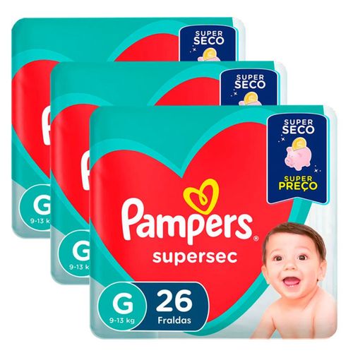 Kit 3 Fraldas Pampers Supersec Pacotão Econômico G - 78 Tiras Kit 3 Fraldas Pampers Supersec Pacotão Econômico G - 78 Tiras