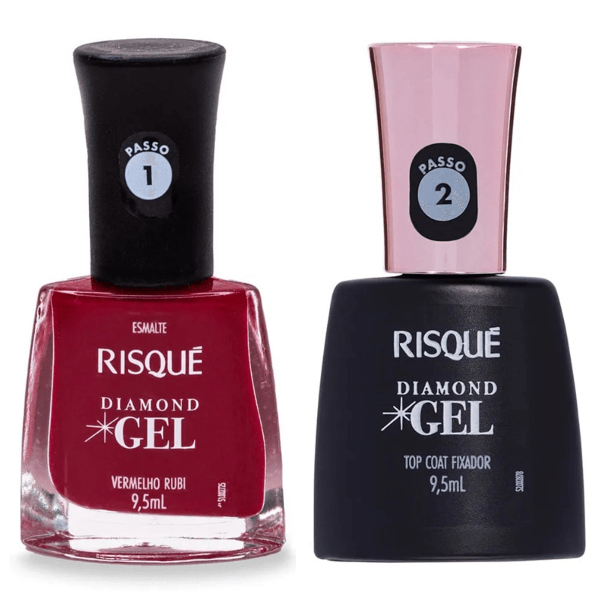 Kit Esmalte Risque Diamond Gel Vermelho Rubi + Fixador Top Coat