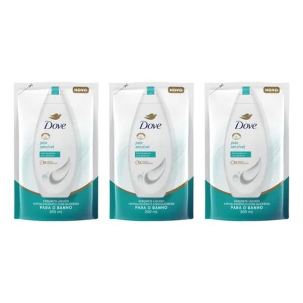 Kit c/3 Sabonetes Líquido Dove Refil 200ml Pele Sensível