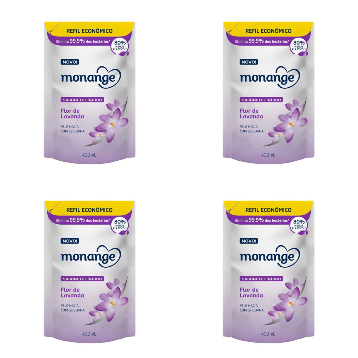 Kit c/4 Sabonetes Liquido Monange 200ml Refil Lavanda
