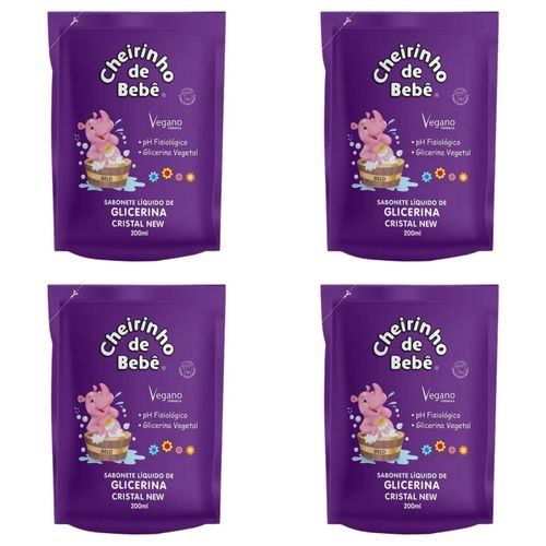 Kit c/4 Sabonetes Liquido Infantil Cheirinho De Bebê Refil 200ml Cristal