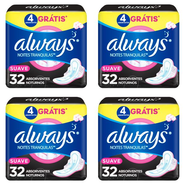 Kit c/4 Absorventes Cobertura Suave Noturno Com Abas Always Simples 32 Unidades cada