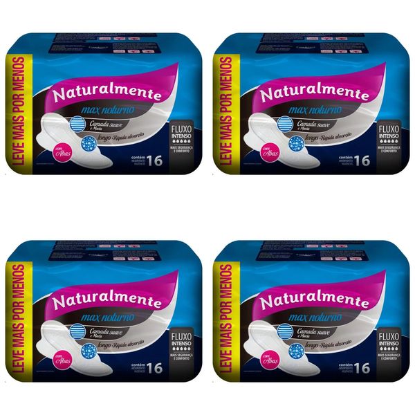 Kit c/4 Absorventes Naturalmente Max Noturno com Abas C/16 Unidades cada
