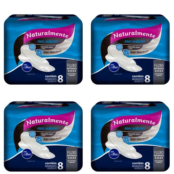 Kit c/4 Absorventes Naturalmente Max Noturno S/Abas 8 unidades cada