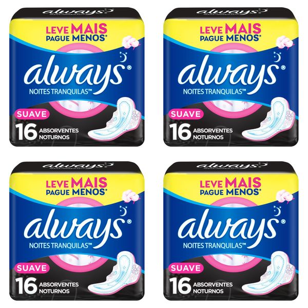 Kit c/4 Absorventes Cobertura Suave Noturno Com Abas Always Simples 16 Unidades cada