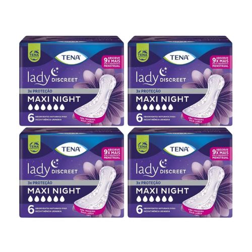 Kit c/4 Absorventes Tena Lady Discreet Maxi Night c/6 Unidades cada Kit c/4 Absorventes Tena Lady Discreet Maxi Night c/6 Unidades cada
