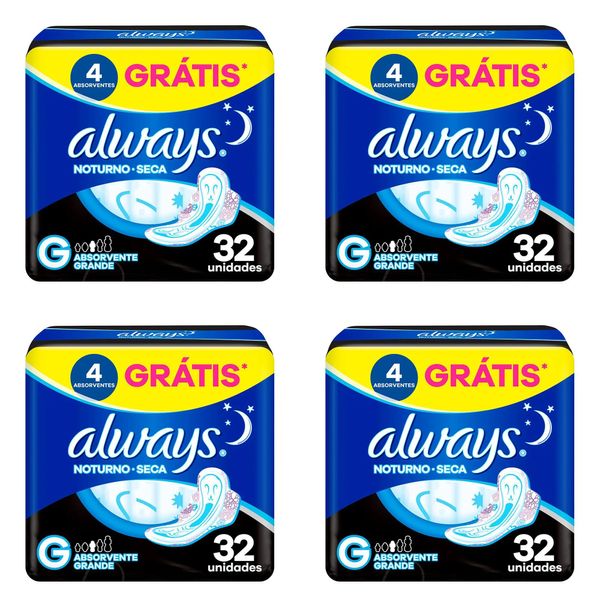 Kit c/4 Absorventes Cobertura Seca Noturno Com Abas Always Simples c/32 Unidades cada