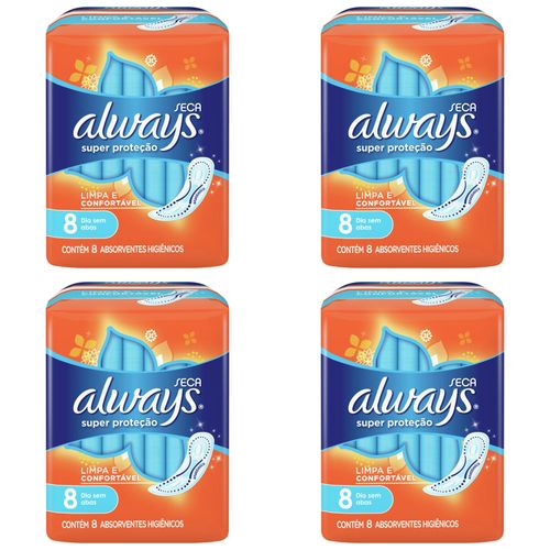 Kit c/4 Absorventes Básico Malha Seca Sem Abas Always Simples c/8 Unidades cada Kit c/4 Absorventes Básico Malha Seca Sem Abas Always Simples c/8 Unidades cada