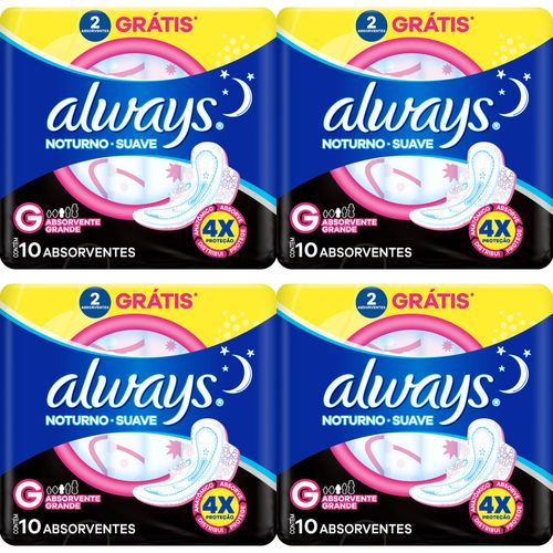 Kit c/4 Absorvente Always Noturno Suave ”G” c/10 Unidades