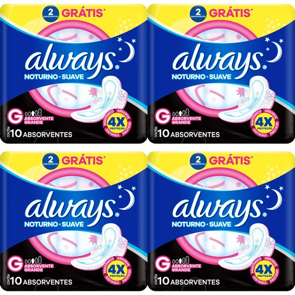Kit c/4 Absorvente Always Noturno Suave ”G” c/10 Unidades