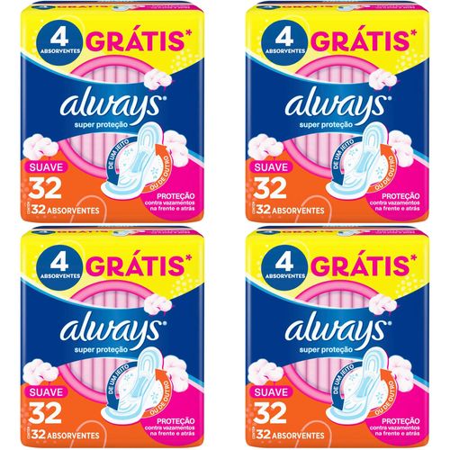 Kit c/4 Absorvente Básico Malha Suave Com Abas Always Simples c/32 Unidades cada Kit c/4 Absorvente Básico Malha Suave Com Abas Always Simples c/32 Unidades cada