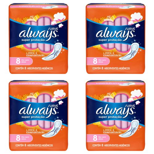 Kit c/4 Absorvente Básico Suave Sem Abas Always Simples c/8 Unidades cada Kit c/4 Absorvente Básico Suave Sem Abas Always Simples c/8 Unidades cada