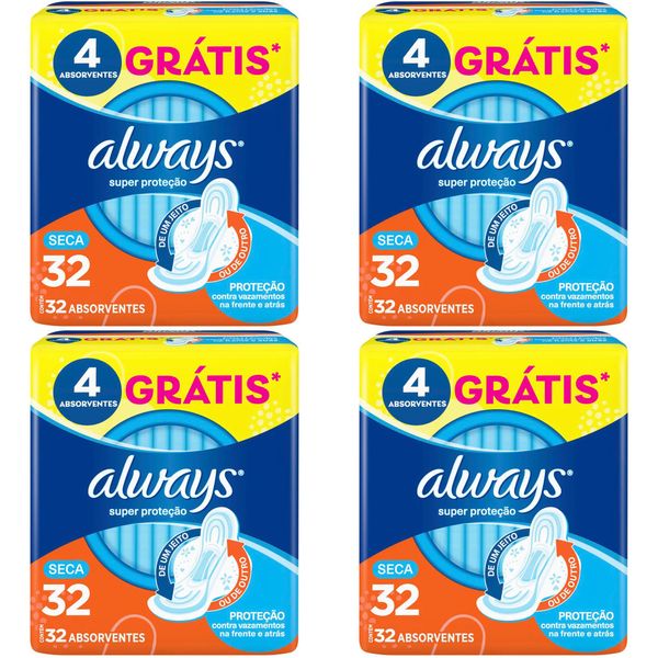 Kit c/4 Absorvente Básico Malha Seca C/Abas Always Simples 32 Unidades cada