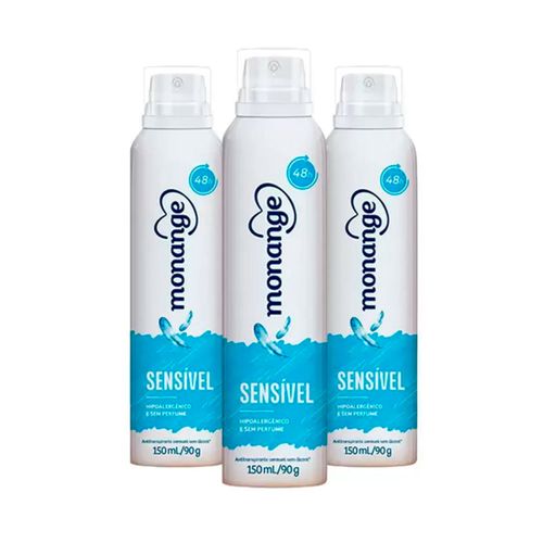 Kit c/3 Unidades de Desodorante Aerosol Monange 90g Sem Álcool Perfume Kit c/3 Unidades de Desodorante Aerosol Monange 90g Sem Álcool Perfume