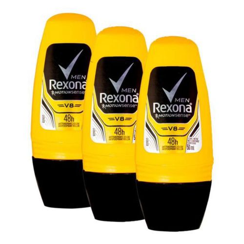 Kit c/3 Unidades de Desodorante Rollon Rexona Compacto 30ml V8 Kit c/3 Unidades de Desodorante Rollon Rexona Compacto 30ml V8