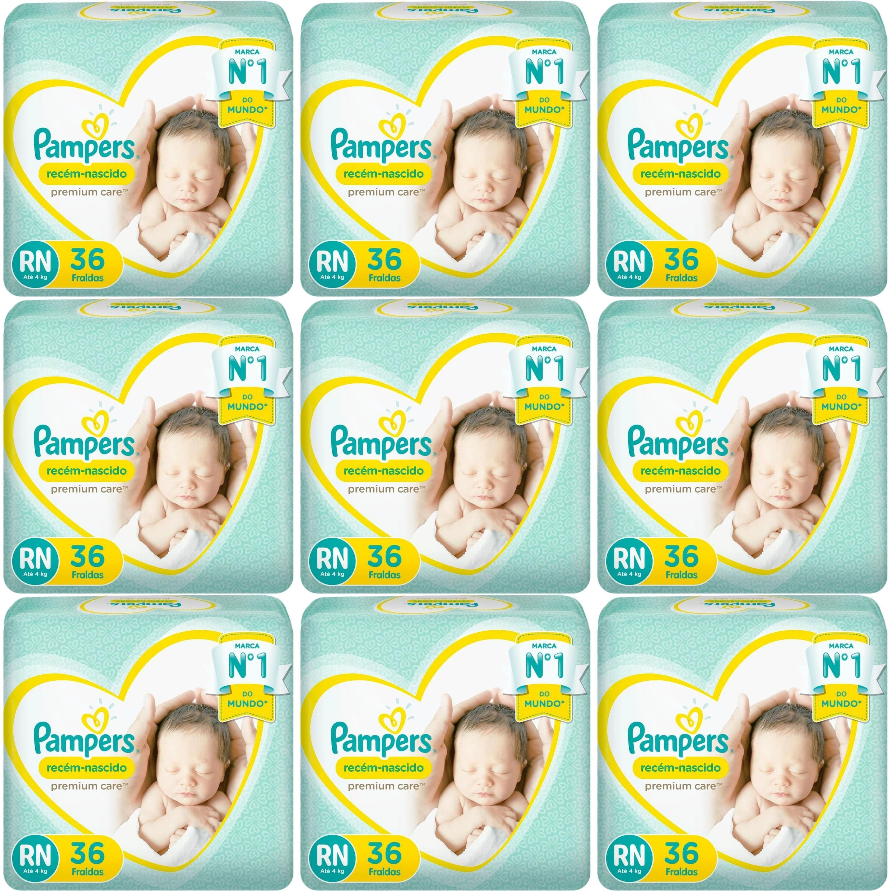 Kit 9 Fraldas Recem Nascido Premium Care ”Rn” Pampers c/36 Unidades cada