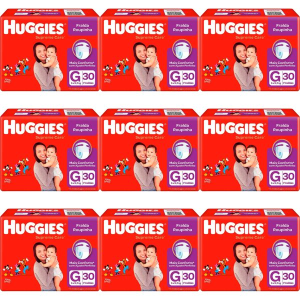 Kit 9 Fraldas Huggies Roupinha Supreme Care G c/30 Unidades