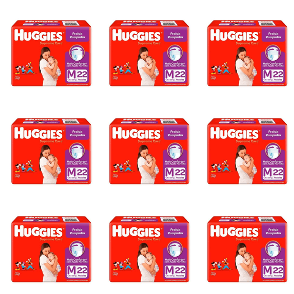 Kit 9 Fraldas Huggies Roupinha Supreme Care Jumbo M c/22 Unidades cada