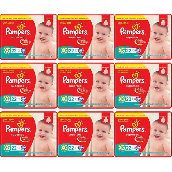 Kit 9 Fraldas Supersec ”Xg” Pampers c/22 Unidades cada