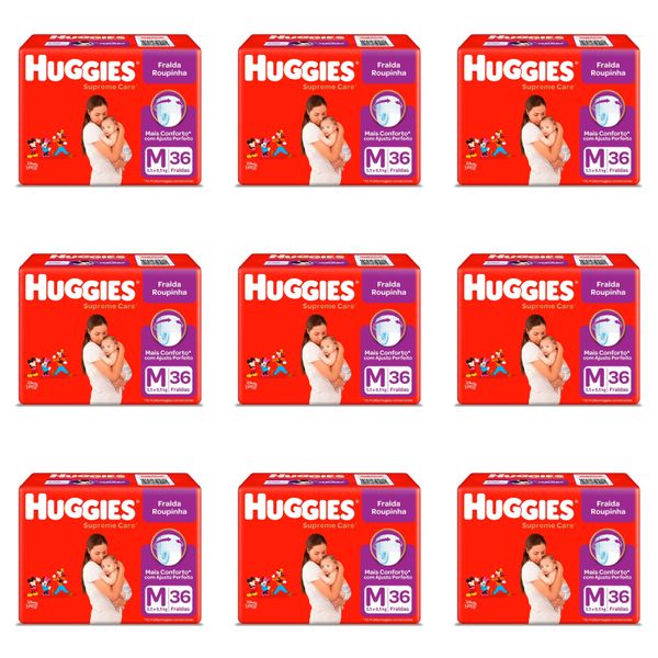 Kit 9 Fraldas Huggies Roupinha Supreme Care M c/36 Unidades cada