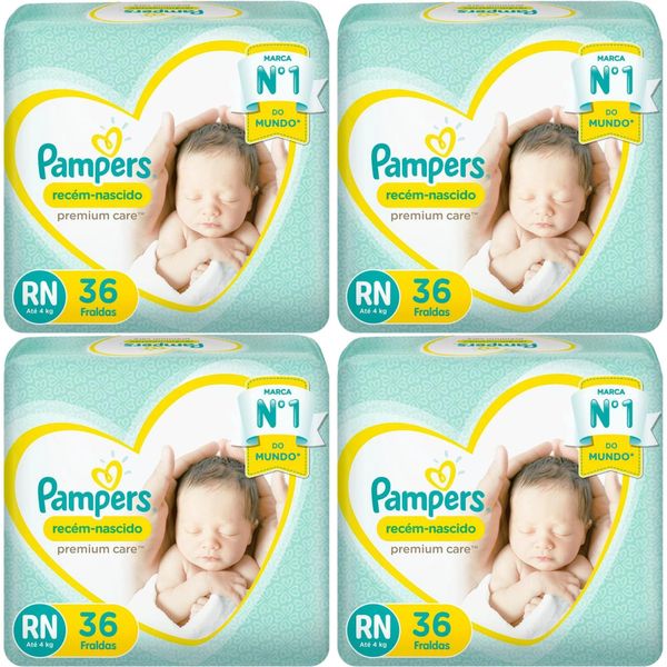 Kit 4 Fraldas Recem Nascido Premium Care ”Rn” Pampers Simples c/ 36 Unidades cada