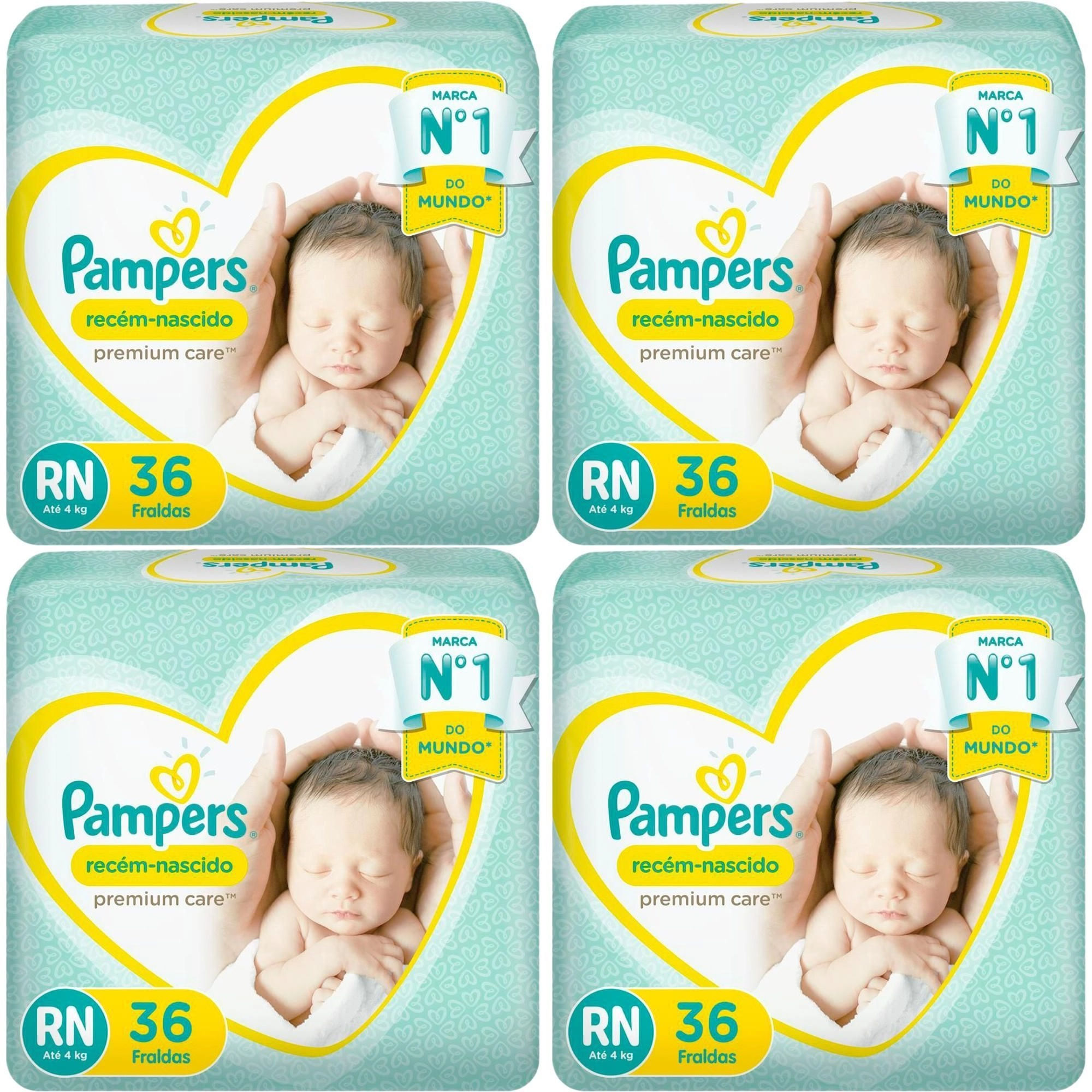 Kit 4 Fraldas Recem Nascido Premium Care ”Rn” Pampers Simples c/ 36 Unidades cada