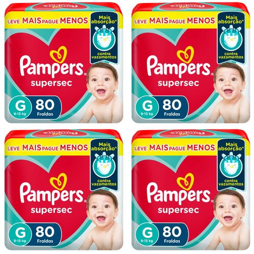 Kit 4 Fraldas Supersec Jumbo ”G” Pampers Simples c/ 80 Unidades cada Kit 4 Fraldas Supersec Jumbo ”G” Pampers Simples c/ 80 Unidades cada