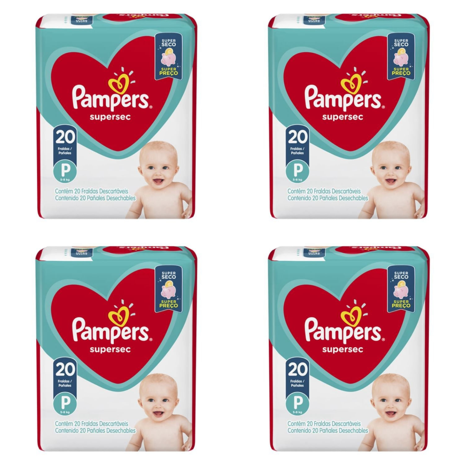 Kit 4 Fraldas Pampers Super Sec "P" Com 20 Unidades cada