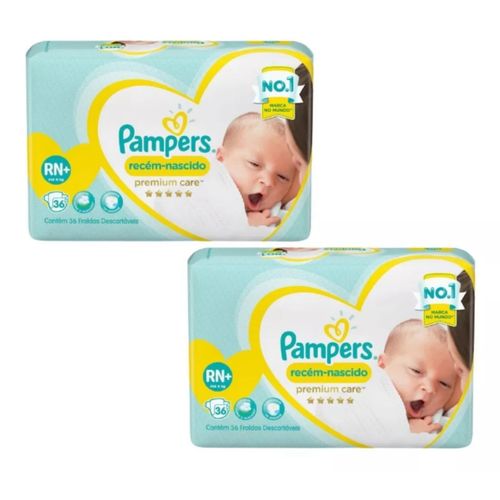 Kit 2 Fraldas Recem Nascido Premium Care ”Rn” Pampers c/ 36 Unidades cada