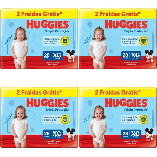 Kit 4 Fraldas Huggies Tripla Proteção Meguinha (Xg) 28 Unidades cada