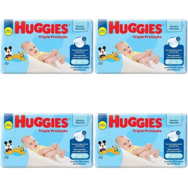 Kit 4 Fraldas Huggies Tripla Proteção Jumbo (P) 32 Unidades cada