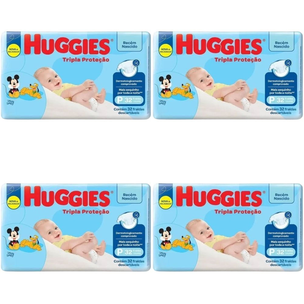 Kit 4 Fraldas Huggies Tripla Proteção Jumbo (P) 32 Unidades cada