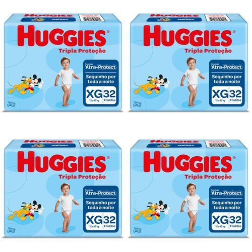 Kit 4 Fraldas Huggies Tripla Proteção Tamanho XG 32 Unidades cada Kit 4 Fraldas Huggies Tripla Proteção Tamanho XG 32 Unidades cada