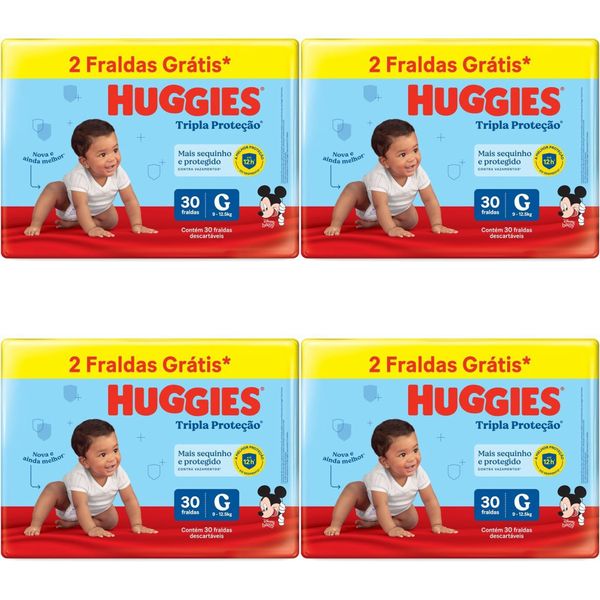 Kit 4 Fraldas Huggies Tripla Proteção Meguinha (G) 30 Unidades cada