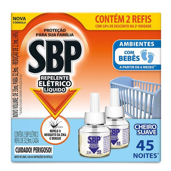 Repelente Elétrico Líquido SBP 45 Noites Cheiro Suave 2 unidades de 32,9ml