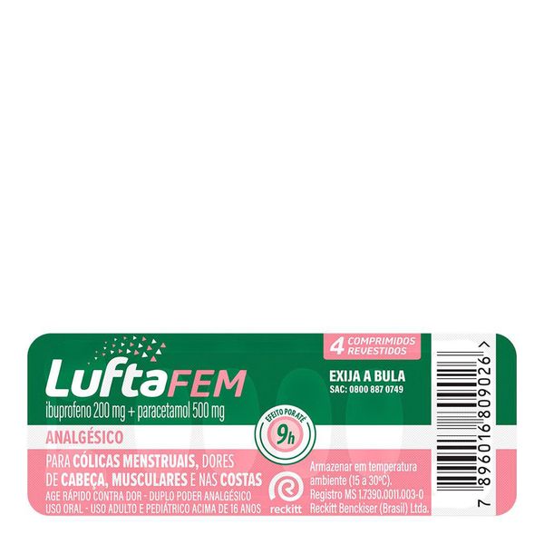 Analgésico Luftafem 200mg + 500mg 4 Comprimidos Revestidos