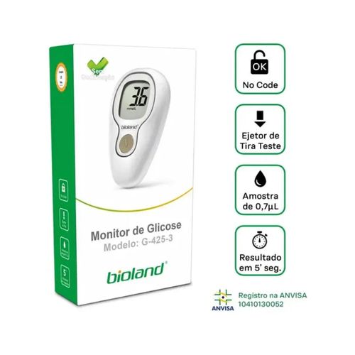Kit Medidor de Glicose Bioland com 25 Tiras e Lancetas Mod G425-3 Medidor de Glicose Bioland Kit Único Único