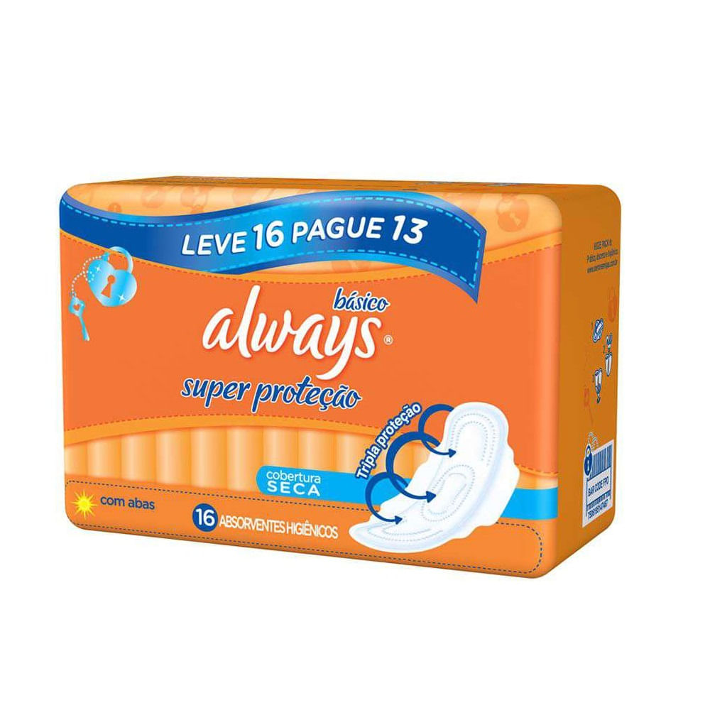 Absorvente Always Super Proteção Cobertura Seca com Abas 16 unidades