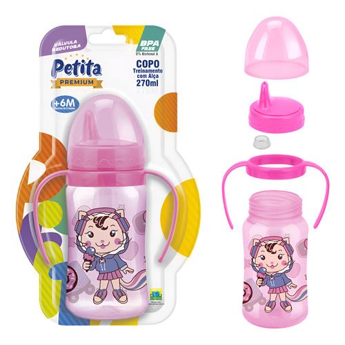 Copo de Treinamento com Alça e Bico Rígido 270ml Petita Rosa Carrossel