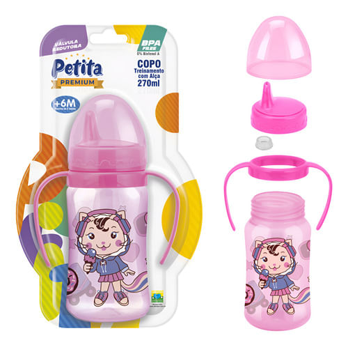 Copo de Treinamento com Alça e Bico Rígido 270ml Petita Rosa Carrossel