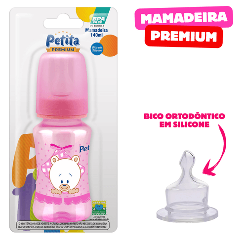 Super Mamadeira Premium 140ml Rosa Bico Orto de silicone macio Petita