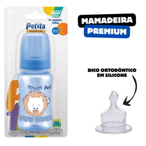 Super Mamadeira Premium 140ml AZul Bico Orto de silicone macio Petita