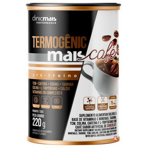 TERMOGENIC MAIS CAFE PRÉ TREINO SOLÚVEL SABOR CHOCOLATE 220G - CLINICMAIS TERMOGENIC MAIS CAFE PRÉ TREINO SOLÚVEL SABOR CHOCOLATE 220G - CLINICMAIS