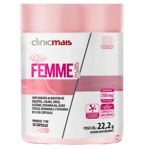 BIO FEMME MAIS BEM ESTAR FEMININO INOSITOL + COLINA + VITAMINAS E MINERAIS 30 CAPS - CLINICMAIS BIO FEMME MAIS BEM ESTAR FEMININO INOSITOL + COLINA + VITAMINAS E MINERAIS 30 CAPS - CLINICMAIS
