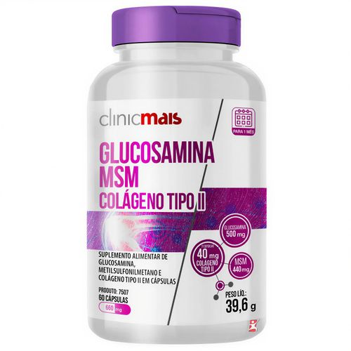 GLUCOSAMINA + MSM + COLÁGENO TIPO 2 60 CAPSULAS - CLINICMAIS GLUCOSAMINA + MSM + COLÁGENO TIPO 2 60 CAPSULAS - CLINICMAIS