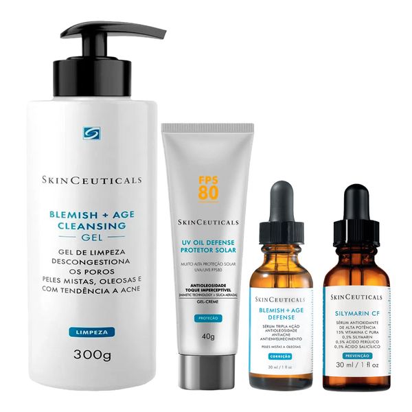 Kit Skinceuticals Gel de Limpeza 300g + Sérum Silymarin 30ml + Sérum Blemish Age Defense 30ml + Protetor Solar FPS 80 40g