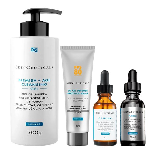 Kit Skinceuticals Gel de Limpeza 300g + Sérum Ferulic Vitamina C 30ml + Sérum P-Tiox 30ml + Protetor Solar FPS 80 UV Oil Defense 40g