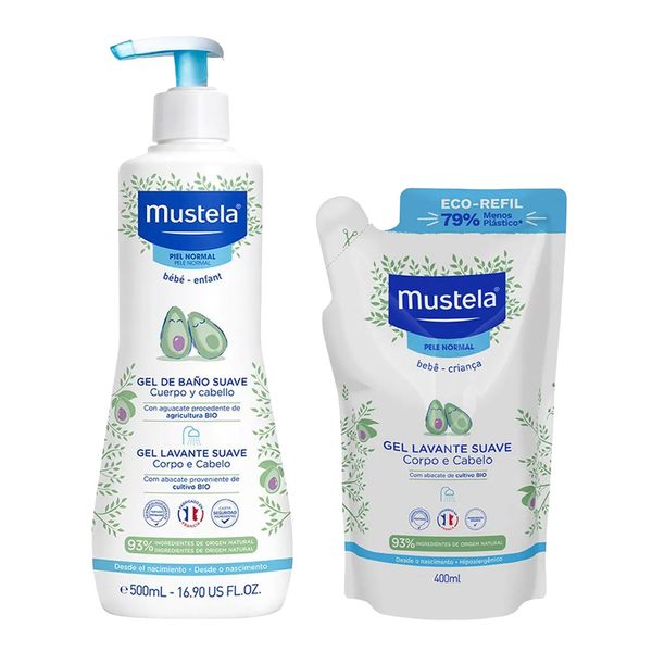 Kit Gel Lavante Mustela Bebê com Abacate Orgânico 500ml + Refil 400ml