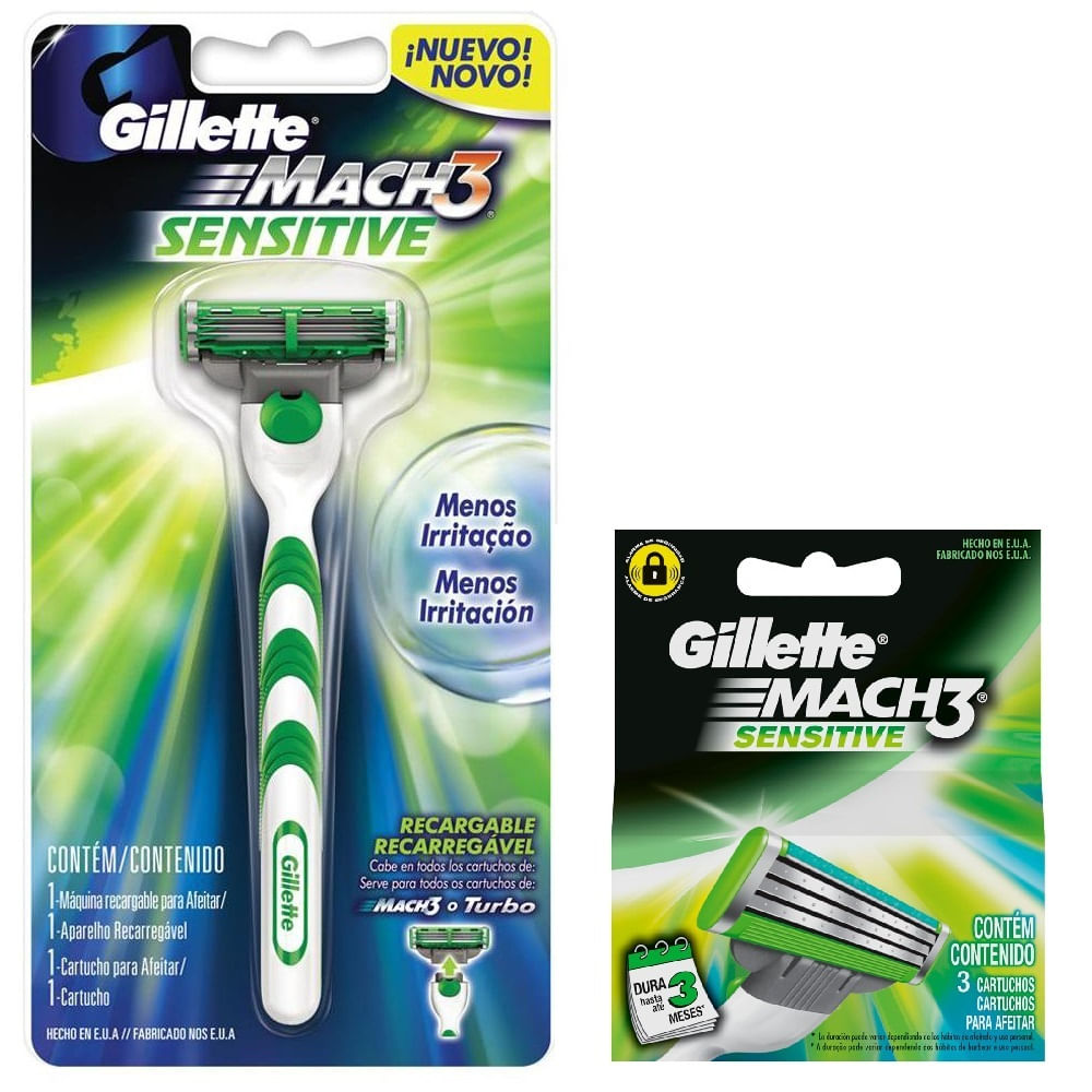 Aparelho Barbeador Gillette Mach 3 Sensitive + Carga Mach 3 C/ 3 ...